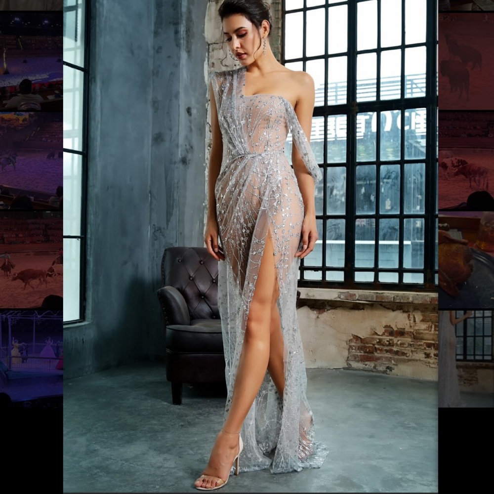 NEW Split Thigh Sheer Maxi Sparkle Mesh One Shoulder Dress From Shein
